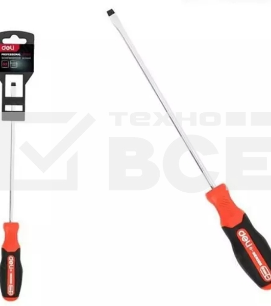 Отвертка шлицевая DELI DL3449 SL6x150мм сталь S2, матовый стержень, двухкомпонентная прорезиненная рукоять