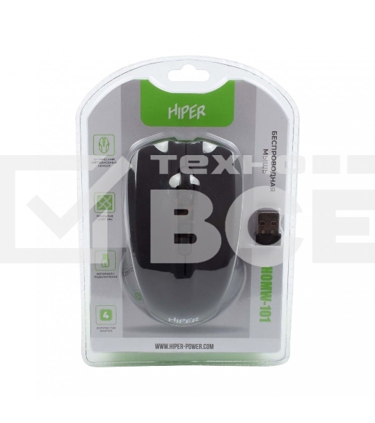 Мышь беспроводная HIPER HOMW-101, 1000-1600 dpi, оптический, 4 кнопки, Soft-touch покрытие, USB-приемник, 2,4 ГГц, батарея 1хАА, черный (HOMW-101)