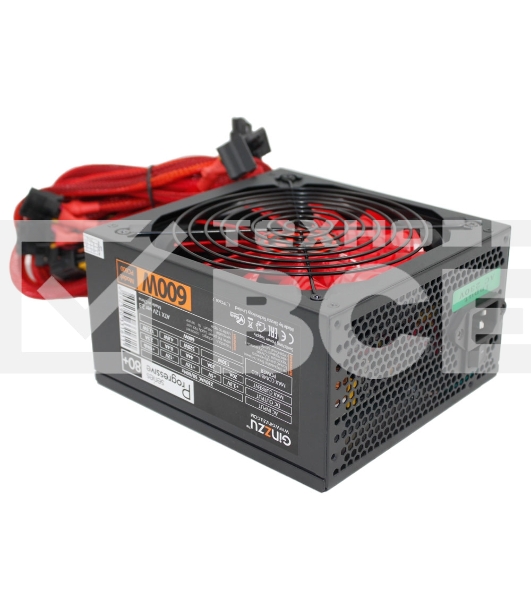 Блок питания Ginzzu PC600 (Red), 600Вт, 80 PLUS, 140мм, черный (Red)