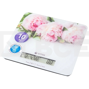 Весы кухонные Vitek VT-2414 (MC) цветы 1. Максимальный вес 10 кг  2. Цена деления 1 г 3. Размер LCD дисплея 95х18 мм