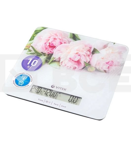 Весы кухонные Vitek VT-2414 (MC) цветы 1. Максимальный вес 10 кг  2. Цена деления 1 г 3. Размер LCD дисплея 95х18 мм