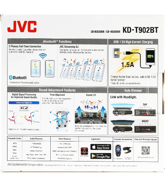 Автомагнитола JVC KD-T902BT, 1 DIN, CD, Bluetooth, USB Type-A, AUX, пульт ДУ, съёмная панель