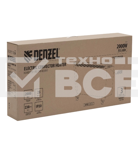 Конвектор Denzel XCE-2000 белый, 2000 Вт, 25 м2, термостат