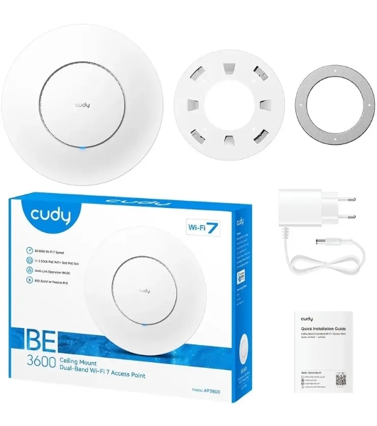 Точка доступа Wi-Fi CUDY BE3600 Wi-Fi 7 2 5G Access Point BE3600 Dual Band Ceiling Mount Wi-Fi 7 Access Point, Chipset Broadcom, 802.11be/ax/ac/a/b/g/n, 2880Mbps at 5GHz +688Mbps at 2.4GHz, 1 x 2.5G RJ45 Port, MU-MIMO, Support 12V DC or 802.3at PoE or Passive PoE, Internal Antennas, 12V DC adapter included, Cudy