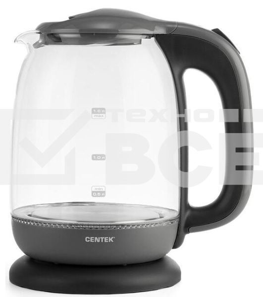 Чайник Centek CT-0034 (серый) Vancouver стекло, 1.8л, 2200Вт, внутренняя LED подсветка, кнопка
