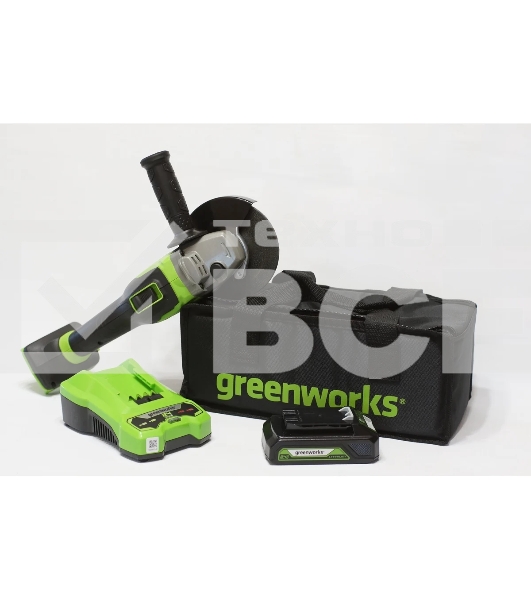 Угловая шлифовальная машина Greenworks 24В, аккумуляторная Greenworks (В комплекте с АКБ 2Ач. и ЗУ) [3200207UA]