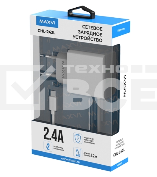 Сетевое зарядное устройство Maxvi CHL-242L 2хUSB 2.4A + литой кабель Lightning 1.2м, белый