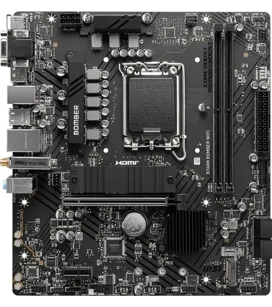 Материнская плата MSI B760M BOMBER WIFI, LGA 1700, Intel B760, 2xDDR5, 4xSATA, 2xM.2, 1xPCIe 4.0 x16, 1xPCIe x1, 1xVGA, 1xHDMI, 1xDP, 1x2.5Gb LAN, Wi-Fi 6E, Bluetooth 5.3, 4xUSB-A 5Gbps, 2xUSB-A 2.0, 1xPS/2, 3x3.5 мм, 7.1, чёрный, mATX