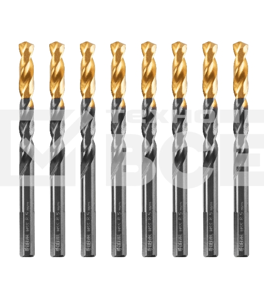 Сверло по металлу Denzel 8,5 мм, HSS-Tin, Golden Tip, 8 шт.