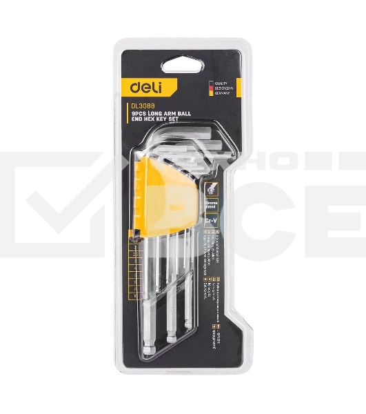 Набор шестигранных ключей с шаром Deli DL3088 9 шт. Размер: 1,5-10 мм. Материал: Cr-V. Шаровой конец. Хромированный.