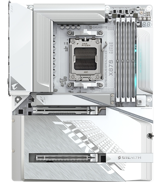 Материнская плата Gigabyte X870 AORUS STEALTH ICE, AM5, AMD X870, 4xDDR5, 2xSATA, 4xM.2, 1xPCIe 5.0 x16, 1xPCIe 4.0 x16, 1xHDMI, 1x5Gb LAN, Wi-Fi 7, Bluetooth 5.4, 2xUSB-C 40Gbps (USB4), 1xUSB-C 10Gbps, 4xUSB-A 10Gbps, 4xUSB-A 5Gbps, 4xUSB-A 2.0, 3x3.5 мм + S/PDIF оптический, 7.1, ATX