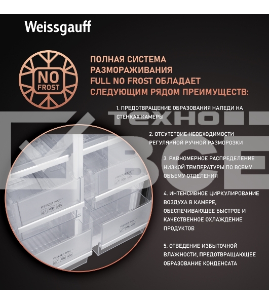 Холодильник Weissgauff WCD 450 INOX GLASS нержавеющая сталь трехкамерный side-by-side 286/141л морозилка снизу