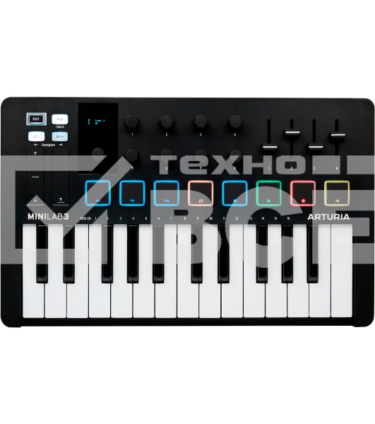 Клавиатура MIDI [231502] Arturia [MiniLAB 3 Black Edition] 25 клавиш, 8 энкодеров, 8 RGB пэдов, 8 фейдеров, дисплей, сенсорные регуляторы Pitch/Modulation, MIDI-выход, 1/4