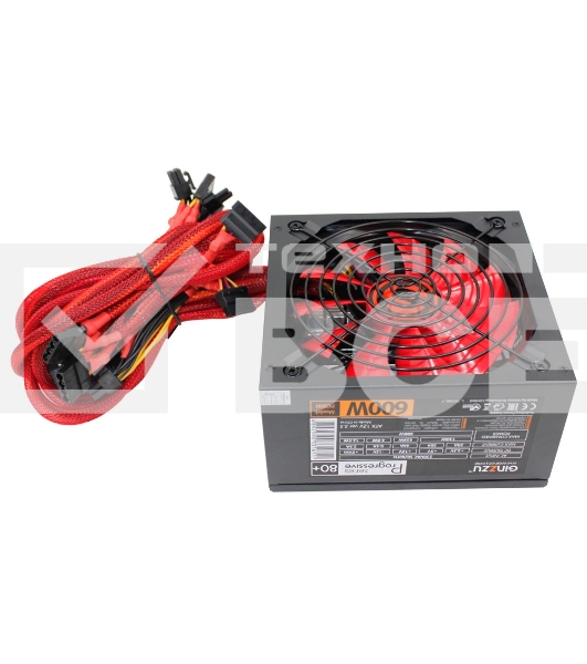 Блок питания Ginzzu PC600 (Red), 600Вт, 80 PLUS, 140мм, черный (Red)