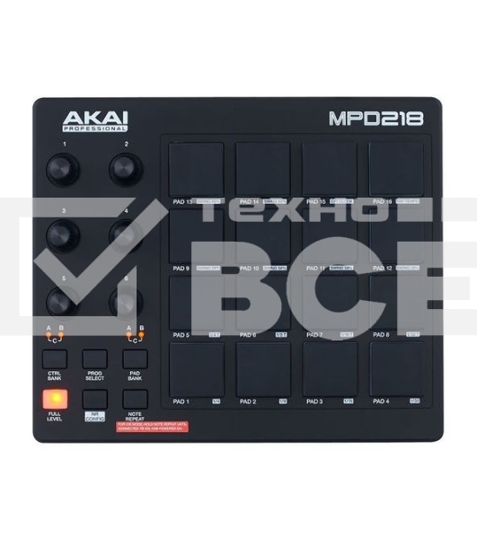 Контроллер MIDI AKAI MPD218 черный, 16 пэдов, 6 энкодеров, USB-B