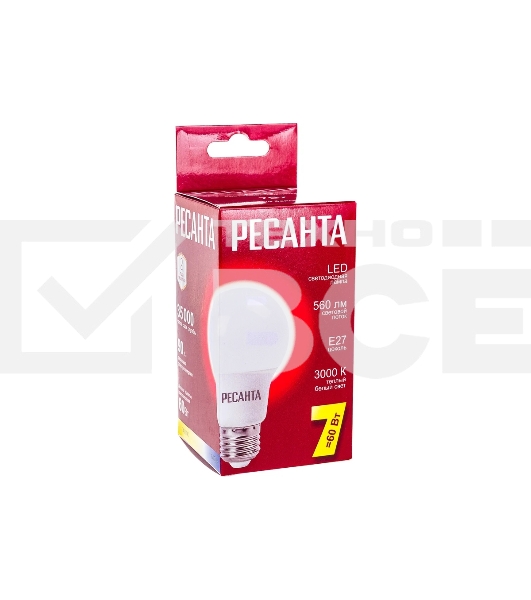 Лампа светодиодная Ресанта LL-R-A60-7W-230-3K-E27 груша, 7 Вт, тепл., Е27