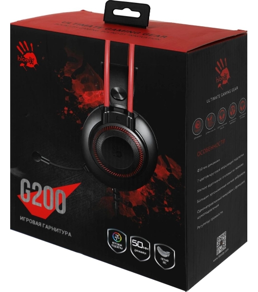 Гарнитура Bloody G200 чёрный-красный, проводная, 3.5 мм, подсветка