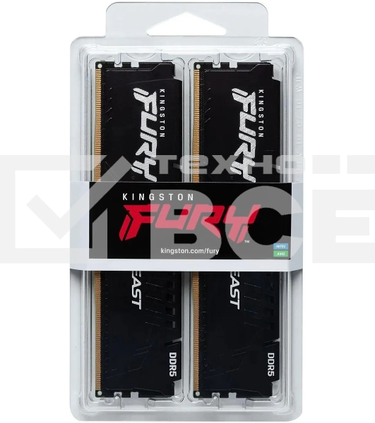 Оперативная память Kingston Fury Beast, DDR5, 32GB (2x16GB), 5200MHz, CL36, радиатор, чёрный