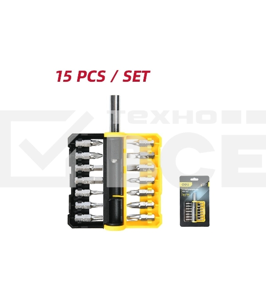 Набор бит 14 шт c держателем Deli DL251201 (SL4,SL5,SL6,PH0,PH1,PH2,PH3,T15,T20,T25,H5,H6,PZ1,PZ2), сталь S2, пласт.держатель