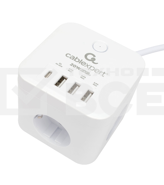 Сетевой фильтр Cablexpert Cube CUBE-3-CU3-W-1.5, 3р, 10А, 1xType-C PD, 3xUSB, 1.5м, ур.защиты 4+, белый, коробка