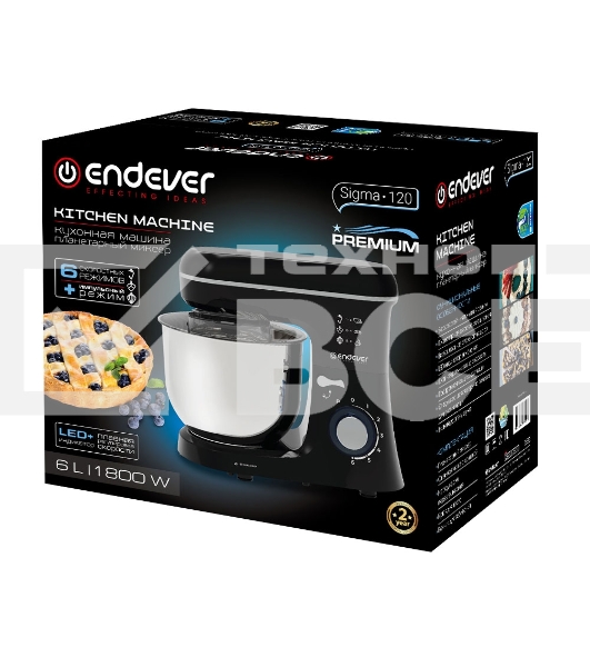 Миксер планетарный Endever Sigma-120, черный, мощность 1800 Вт, объем чаши 6 л, планетарная система смешивания, 2 шт/уп.
