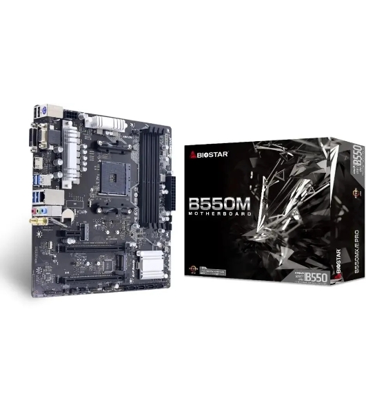 Материнская плата Biostar B550MX/E PRO, AM4, AMD B550, 4xDDR4, 4xSATA, 2xM.2, 1xPCIe 4.0 x16, 1xPCIe 3.0 x4, 1xDVI-D, 1xHDMI, 1xVGA, 1x1Gb LAN, 4xUSB-A 5Gbps, 2xUSB-A 2.0, 1xCOM, 3x3.5 мм, 7.1, mATX