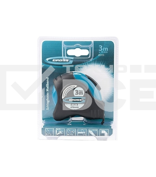 Рулетка GROSS 'Schlagfest', 3 м x 19 мм, магн. обрезиненный зацеп, двухст. шкала, нейлоновое покр. 31111