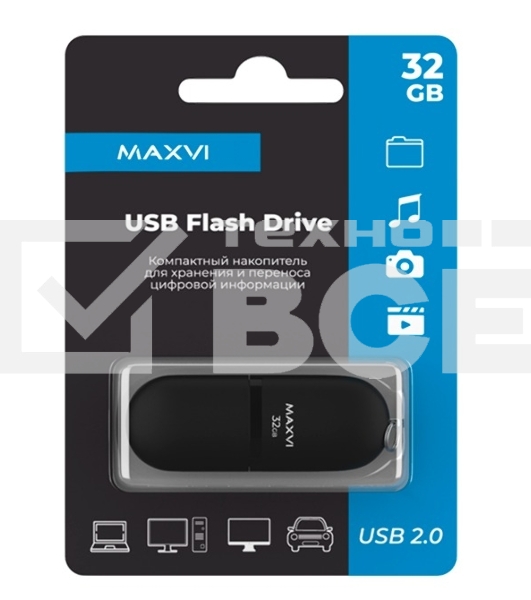 Флеш диск Maxvi SF 32GB USB 2.0 black, монолит с колпачком, soft touch