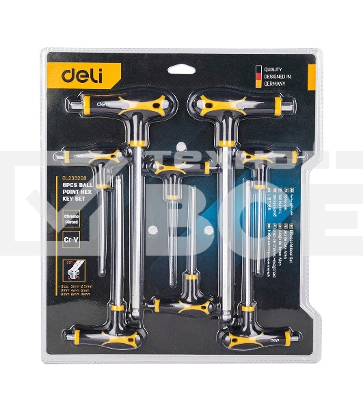Набор шестигранных ключей с шаром Deli DL233208 8 шт. Материал: CR-V. Спецификация: 2x75 мм/2,5x75 мм/3x100 мм/4x100 мм/5x150 мм/6x150 мм/8x200 мм/10x200 мм Удобная рукоять.