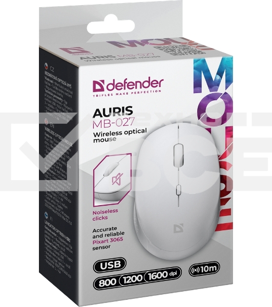 Мышь беспроводная Defender Auris MB-027 белый, 1600 dpi, радиоканал, USB, кнопки - 4