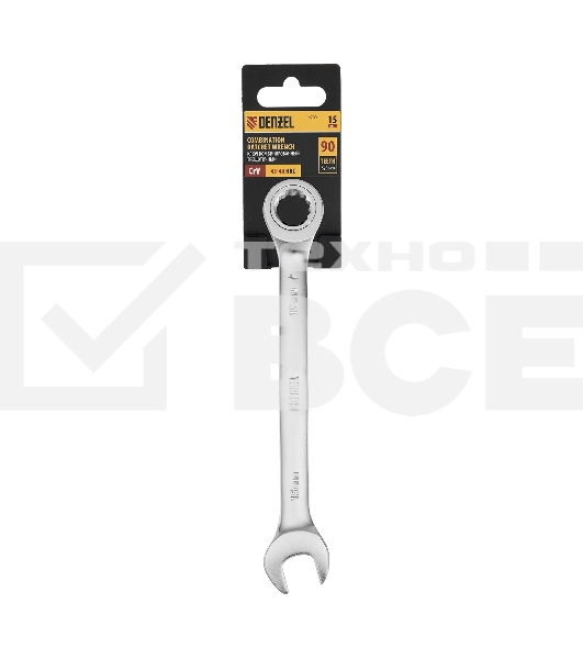 Ключ комбинированный трещоточный Denzel 14709 15 мм, CrV, матовый хром