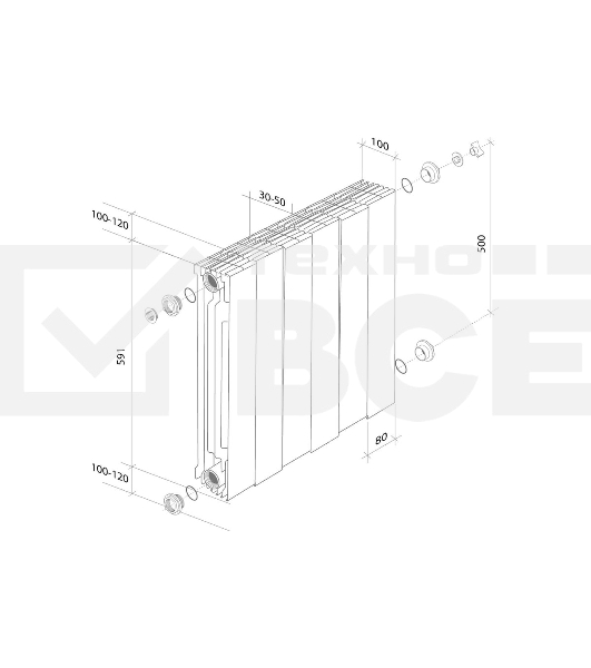 Радиатор биметаллический Royal Thermo PianoForte 500 Серебристый VR80 - 8 секц.