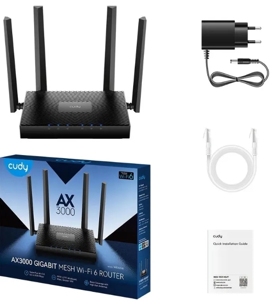 Роутер беспроводной Cudy WR3000E 2.0 Гигабитный роутер Wi-Fi 6 AX3000, 2,4/5 ГГц, до 2976 Мбит/с, 5x1 Гбит/с, IPv6, 4 антенны, черный