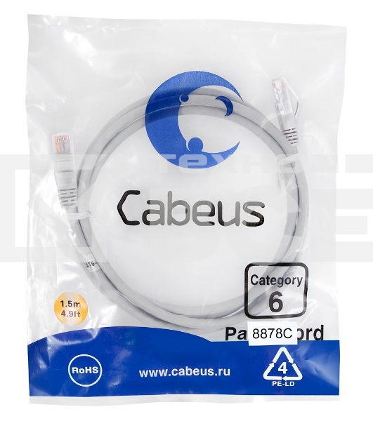 Патч-корд Cabeus PC-UTP-RJ45-Cat.6-1.5m-LSZH, U/UTP, категория 6, 2xRJ45/8p8c, неэкранированный, серый, LSZH, 1.5м