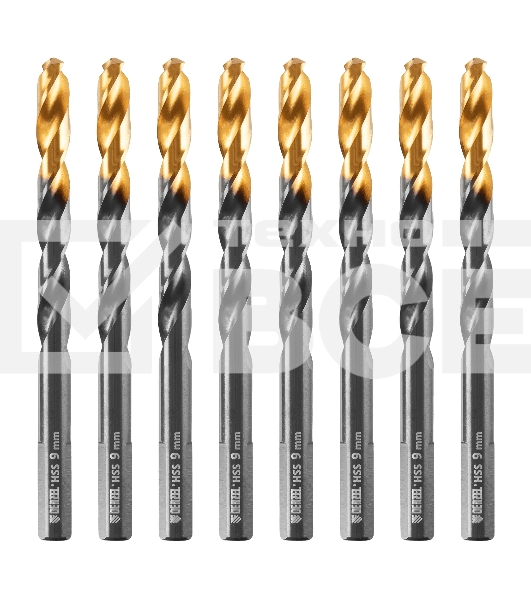 Сверло по металлу Denzel 9 мм, HSS-Tin, Golden Tip, 8 шт.