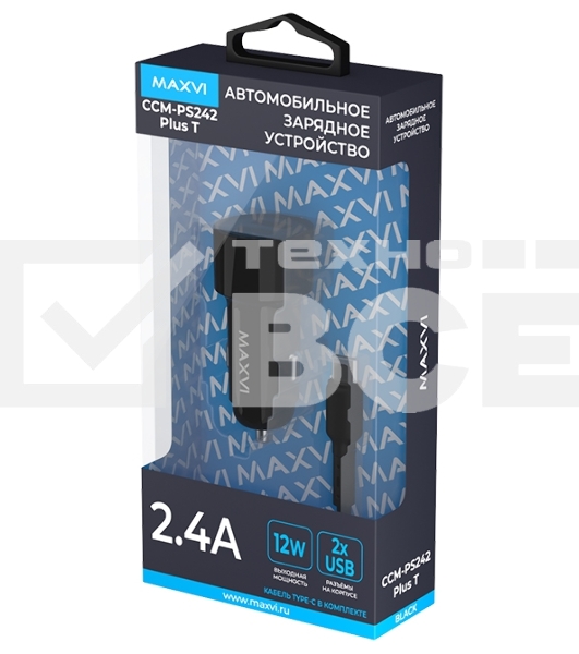 Автомобильное зарядное устройство Maxvi CCM-PS242 Plus T 2хUSB 2.4А + кабель Type-C 1м, черный