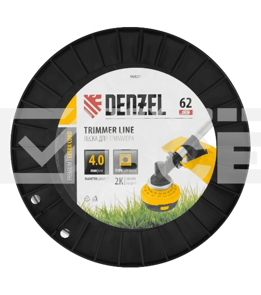 Леска для триммера Denzel двухкомпонентная квадрат, 4,0мм х 62м, на DIN катушке EXTRA CORD