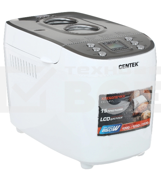 Хлебопечка Centek CT-1415 (бел/сталь) 1500 г БОЛЬШОЙ ОБЪЕМ, 860Вт, 15 программ, таймер, LCD, окошко