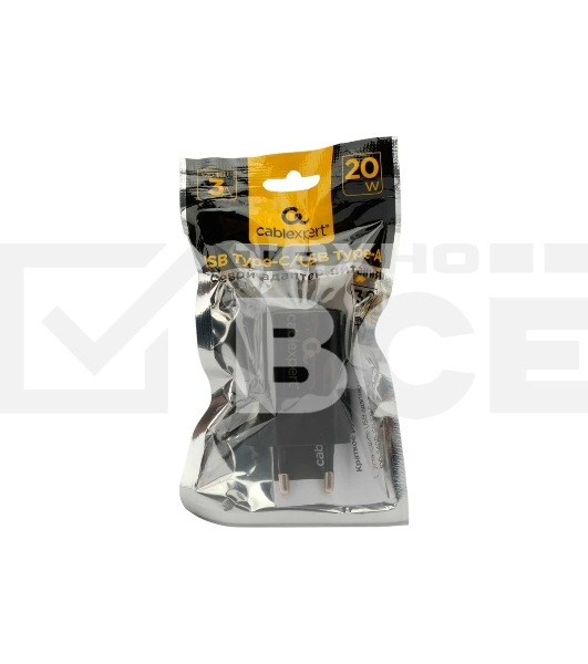 Сетевое зарядное устройство Cablexpert 20Вт, 3А, QC3.0/PD, 1xUSB, 1xType-C, черный, пакет