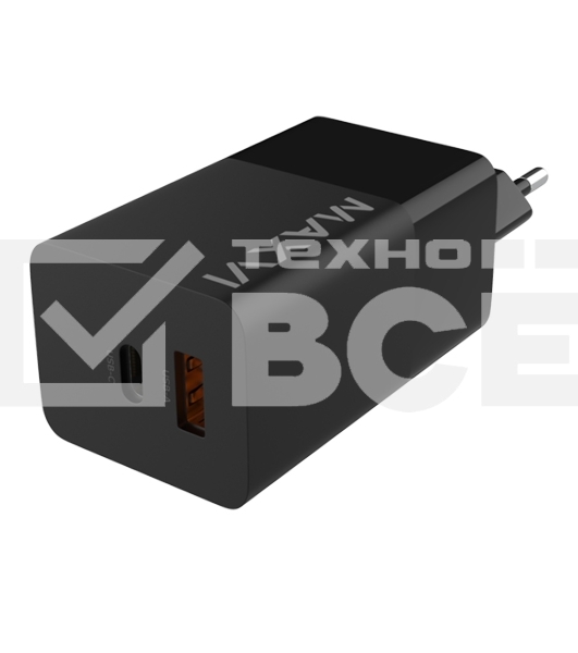 Сетевое зарядное устройство Maxvi A482GN 65W, 1xUSB-A, 1xUSB-C, черный