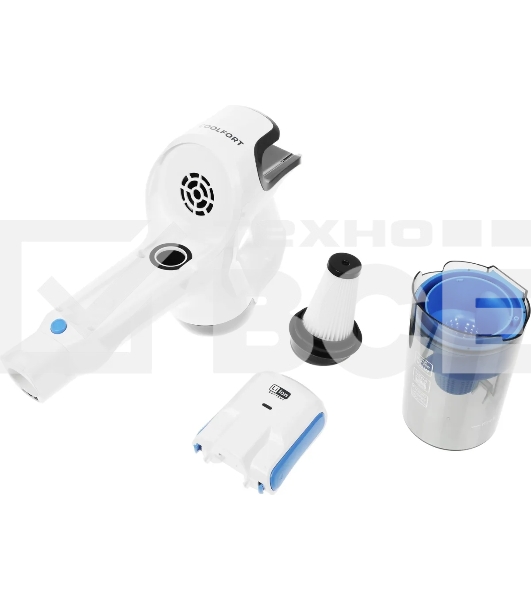 Пылесос вертикальный Coolfort CF-3006 белый/голубой, питание от аккумулятора, 130 вт, уборка сухая, пылесборник 0.5 л, работа от АКБ max 30 мин.