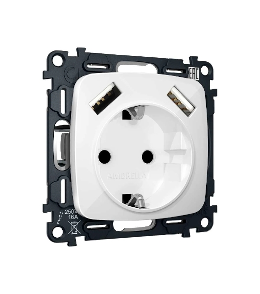 Комплект механизма электрической розетки OMEGA Белый глянец 2USB A+A 18W (быстрая зарядка) с/з QUANT (OP1090, VM155) MO109010