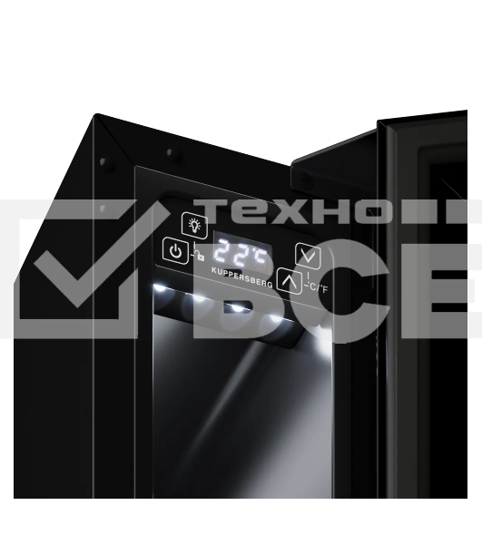 Винный шкаф Kuppersberg RBW 15, встраиваемый, High-Tech, ВхШхГ 87х15х52.5 см, объем 20 л, вместимость 7 бутылок, диапазон температуры 5-20 градусов, механическое открытие двери, LED дисплей, уровень шума 39 дБ, черный