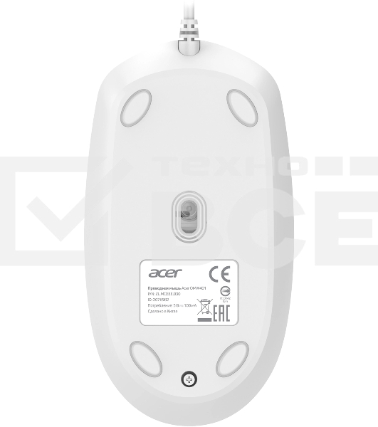 Мышь проводная Acer OMW401 белый, 2000 dpi, USB, кнопки - 4