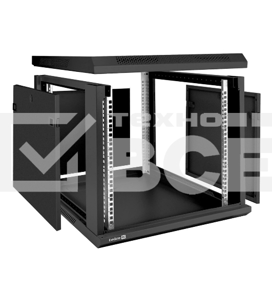 Шкаф телекоммуникационный 19' настенный 9U ExeGate EC-WM-9U.600.G.BLACK (19', 9U, 600x600x500мм (ШхГхВ), передняя дверь закаленное стекло, съемные боковые панели, пыле- и влагозащита IP23, черный RAL 9004)