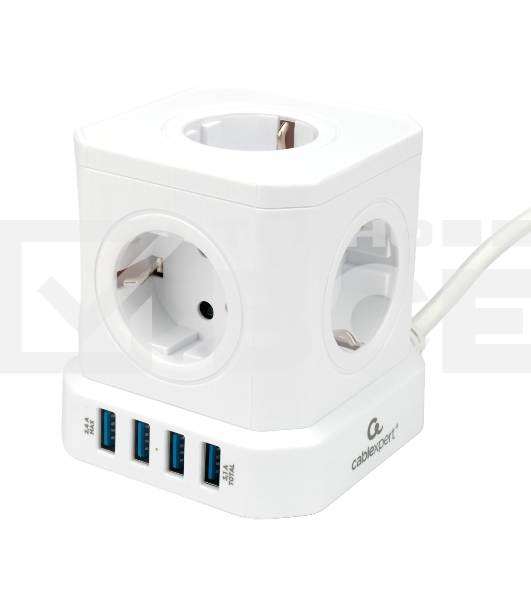 Сетевой фильтр Cablexpert Tower TWR-5-U4-W-2, 5р, 10А, 4хUSB, 3.1А, 2м, ур.защиты 4+, белый, коробка