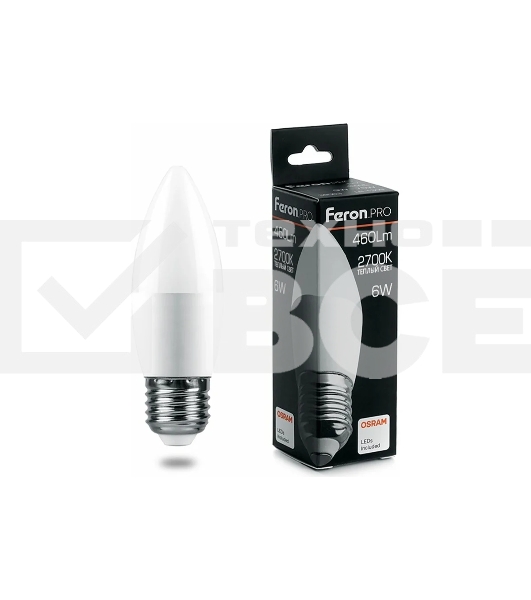 Лампа светодиодная FERON PRO LB-1306 (38050) 6вт Е27 теплый матовая свеча