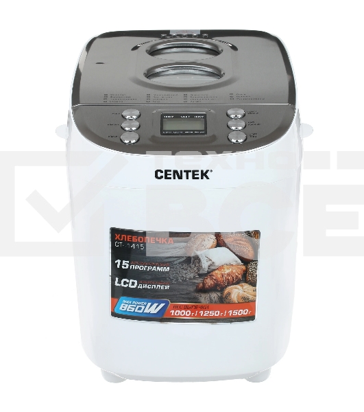 Хлебопечка Centek CT-1415 (бел/сталь) 1500 г БОЛЬШОЙ ОБЪЕМ, 860Вт, 15 программ, таймер, LCD, окошко