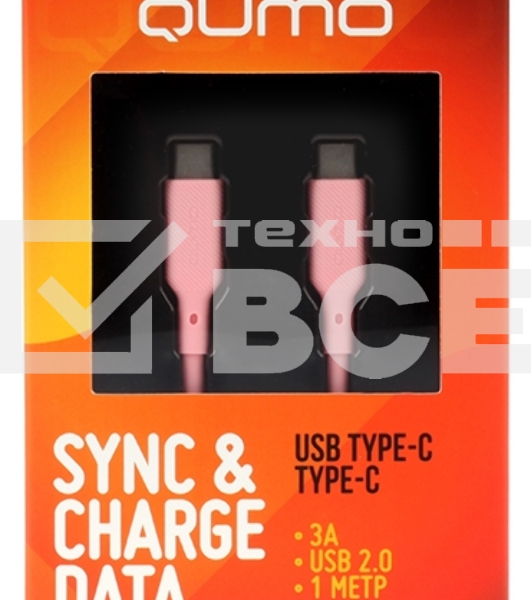 Кабель QUMO 32966 Type-C на Type-C, силиконовый, 1м, 3A, 60W, PD (розовый)