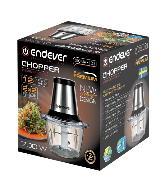 Измельчитель Endever Sigma-130, стальной, 700 Вт, объем чаши 1,2 л, два двойных лезвия, 8 шт/уп